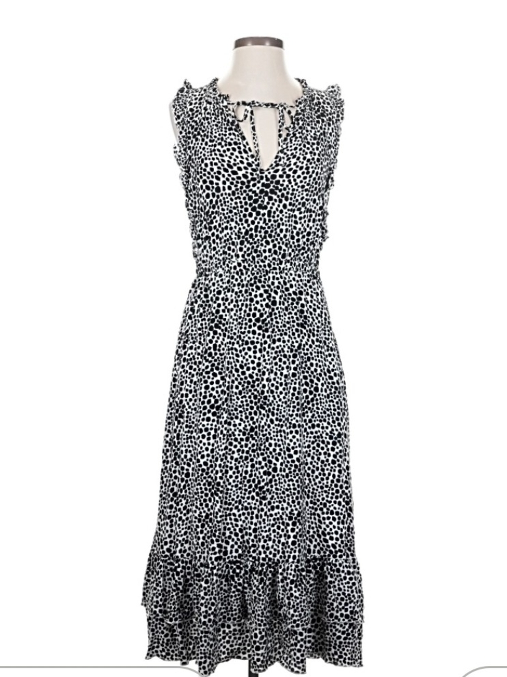 Anthropologie Black & White Polka-Dot Tie-Neck Midi Dress